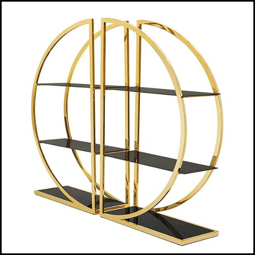 Bookcase set of 2 with metal structure in gold finish with smoked glass 162-Opale Set of 2