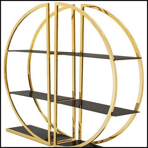 Bookcase set of 2 with metal structure in gold finish with smoked glass 162-Opale Set of 2