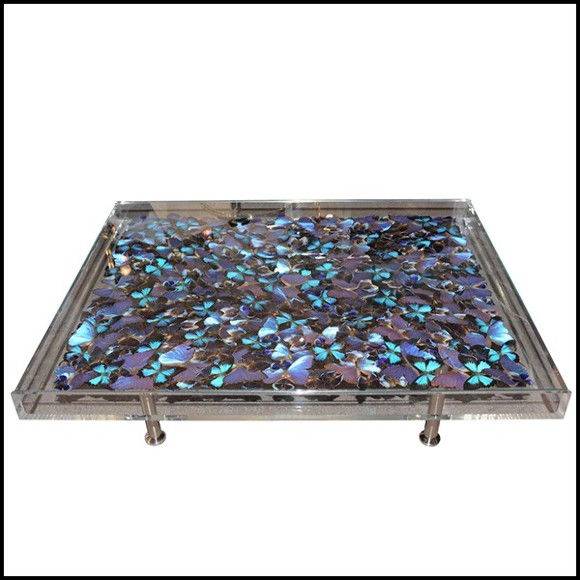 Coffee table with around 330 Butterflies under plexiglass top frame and with clear glass top PC-Blue Butterflies