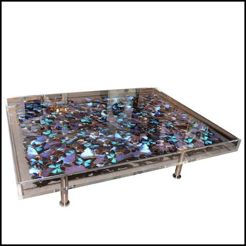 Coffee table with around 330 Butterflies under plexiglass top frame and with clear glass top PC-Blue Butterflies