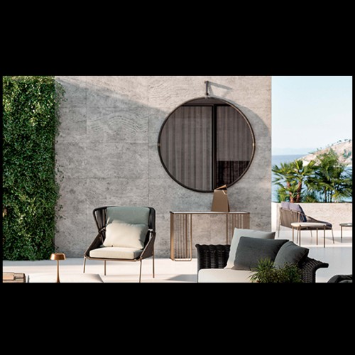 Luxury Italian Dafne Poltrona Girevole Outdoor Sofa Chair in Beige Fabric, Rugiano Collection